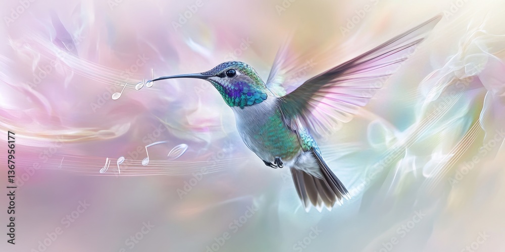 Obraz premium Hummingbird in Flight: Capturing the ethereal beauty of a hummingbird in mid-flight, its iridescent feathers shimmering against a soft, dreamlike backdrop, evoking a sense of wonder and grace.