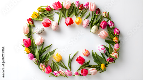 Easter. Floral Easter frame with tulips and painted eggs on the white background. Top view. 