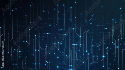 Abstract Blue Digital Technology Background with Circuit Board and Glowing Dots, Dark Color Theme, Futuristic Data Connection Concept, Flat Design, Web Banner, Wallpaper, Poster, Presentation Template