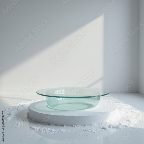 "Elegant Glass Pedestal with Subtle Glitter Clouds in Bright Studio Lighting for Placement Product"
