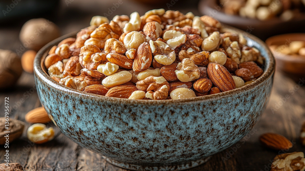 A bowl of mixed nuts, including almonds, cashews, and walnuts, in a modern ceramic bowl, symbolizing health, vitality, and nourishment with an emphasis on superfoods and balanced nutrition A bowl of mixed nuts, including almonds, cashews, and walnuts, in a modern ceramic bowl, symbolizing health, vitality, and nourishment with an emphasis on superfoods and balanced nutrition
