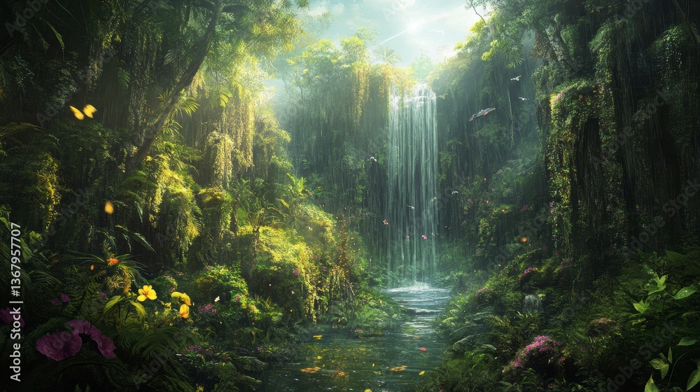 Obraz premium Lush rainforest waterfall cascading into a tranquil stream, surrounded by vibrant flora and fauna.