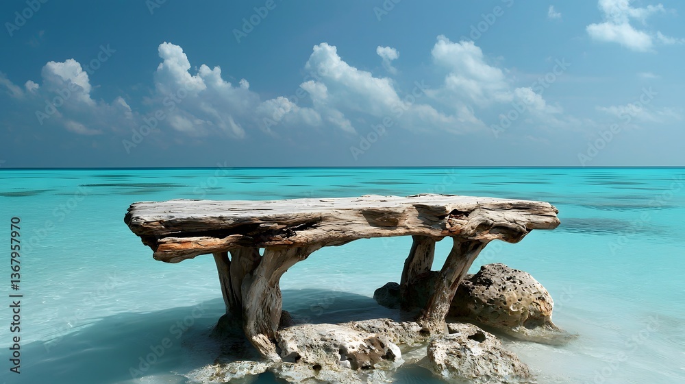 Fototapeta premium Tranquil seaside table tropical oasis nature scene crystal clear waters panoramic view serenity and relaxation