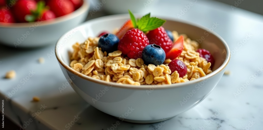 A delicious and nutritious breakfast bowl with granola, yogurt, and fresh berries on a stylish marble countertop, berries, food, granola A delicious and nutritious breakfast bowl with granola, yogurt, and fresh berries on a stylish marble countertop, berries, food, granola