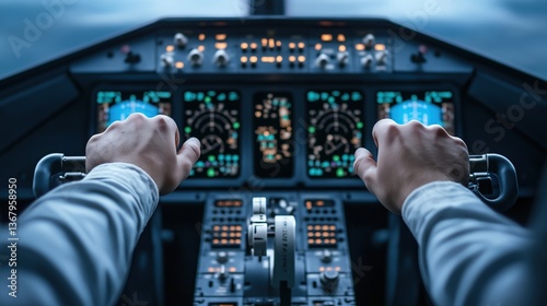 Pilot Controls Aircraft Cockpit with Advanced Technology Displays on a Cloudy Day Adventures in Aviation