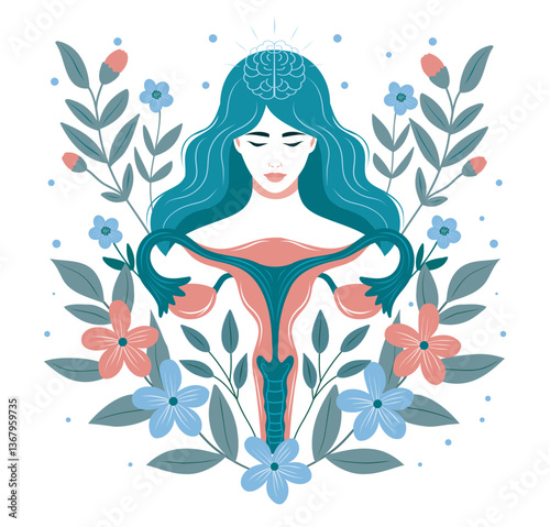 Vector illustration of calm woman with uterus symbolizing connection between mind and reproductive health, decorated with flowers for holistic wellness concept. Women's health.