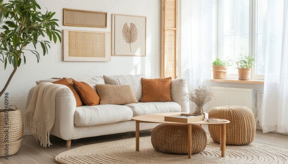Fototapeta premium Serene Living Room Interior Design Beige Sofa with Natural Decor and Woven Poufs