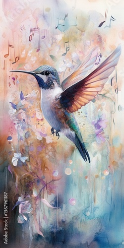 Hummingbird's Melody: A hummingbird hovers gracefully, its wings a blur, surrounded by delicate flowers and musical notes, evoking a sense of lightness and ethereal beauty.