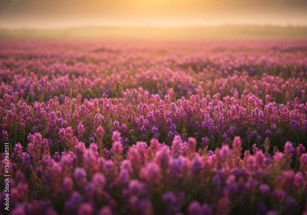 Obraz premium 穏やかな朝焼け 紫色花畑 広がる幻想的風景