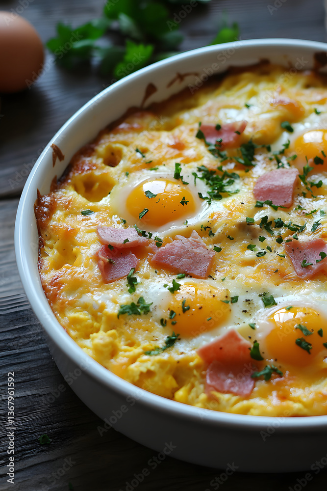 A warm, inviting baked egg dish garnished with herbs, radiating comfort and homey vibes. A warm, inviting baked egg dish garnished with herbs, radiating comfort and homey vibes.