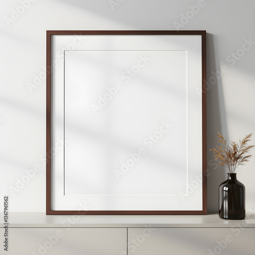 Minimalist interior mockup with blank frame. Empty frame wall poster mockup. Interior mockup with modern design. Contemporary interior scene