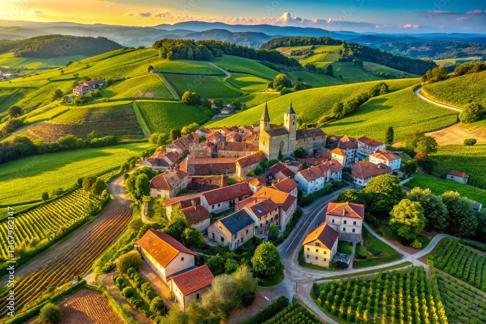 Fototapeta premium Picturesque Village Amidst Rolling Vineyards, Aerial View
