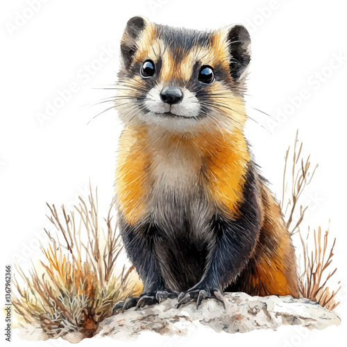 A watercolor of a stoat, isolated on a white background. Stoat vector.

