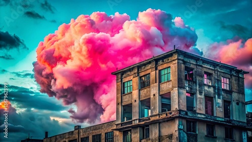 Pink Cloud Urban Exploration: Surreal Sky Above Abandoned Building