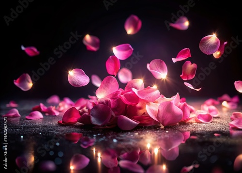 Pink Flower Petals Falling Night Photography, Isolated Background for Design