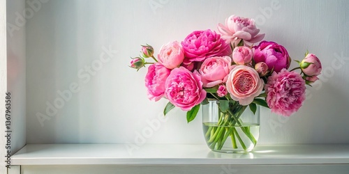 Pink Roses & Peonies in Glass Vase on White Shelf - Elegant Floral Still Life