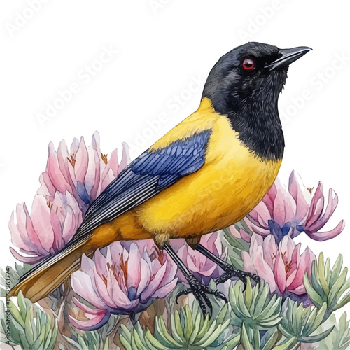 A watercolor of a sunbird, isolated on a white background. Sunbird vector.

