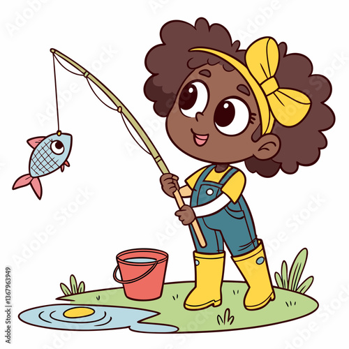 A Cheerful Angler: A happy girl catches a fish while fishing and enjoy her hobby in a sunny environment.