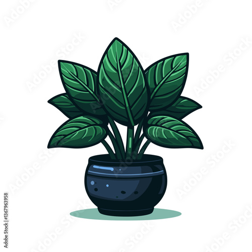 Vector illustration of potted plant with dark green leaves in blue pot. Ideal for urban jungle aesthetics and plant care guides.