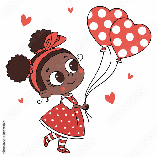 Joyful Hearts: An adorable young girl, joyfully clutching heart-shaped balloons, radiates pure joy in a scene filled with love, whimsy, and the simple pleasures of childhood.