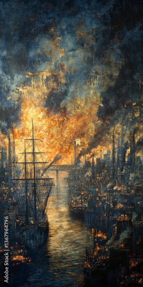 Fototapeta premium Industrial city by a waterway with tall ships.