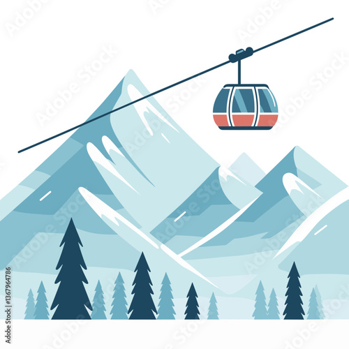 Vector illustration of mountain landscape with cable car and snow peaks. Ideal for ski resort marketing, winter vacation promotions, mountain tourism agencies, and alpine adventure companies.