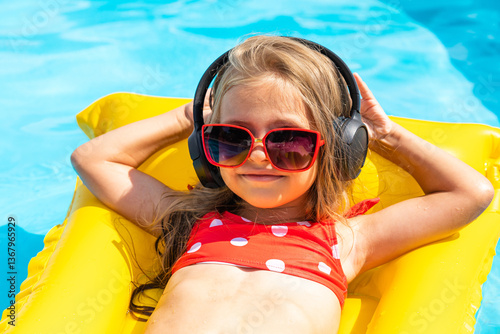 Happy little girl lying on inflatable mattress in swimming pool and listening to music via headphones. Close up portrait of child in swimsuit in wireless headphones. Tropical summer vacation concept