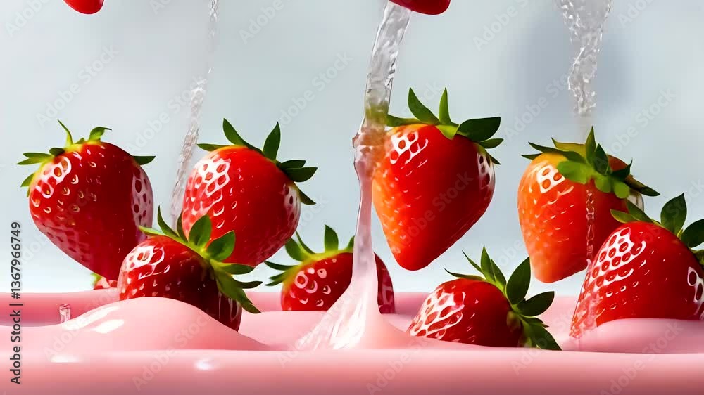 Fresh red strawberries splashing into pink liquid in slow motion close-up view