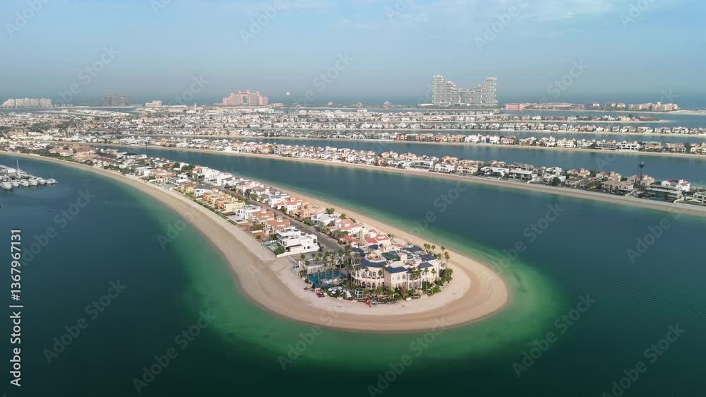 Dubai, UAE: Aerial view of capital city of Emirate of Dubai, artificial islands beach district of Palm Jumeirah - landscape panorama of Arabian Peninsula from above
