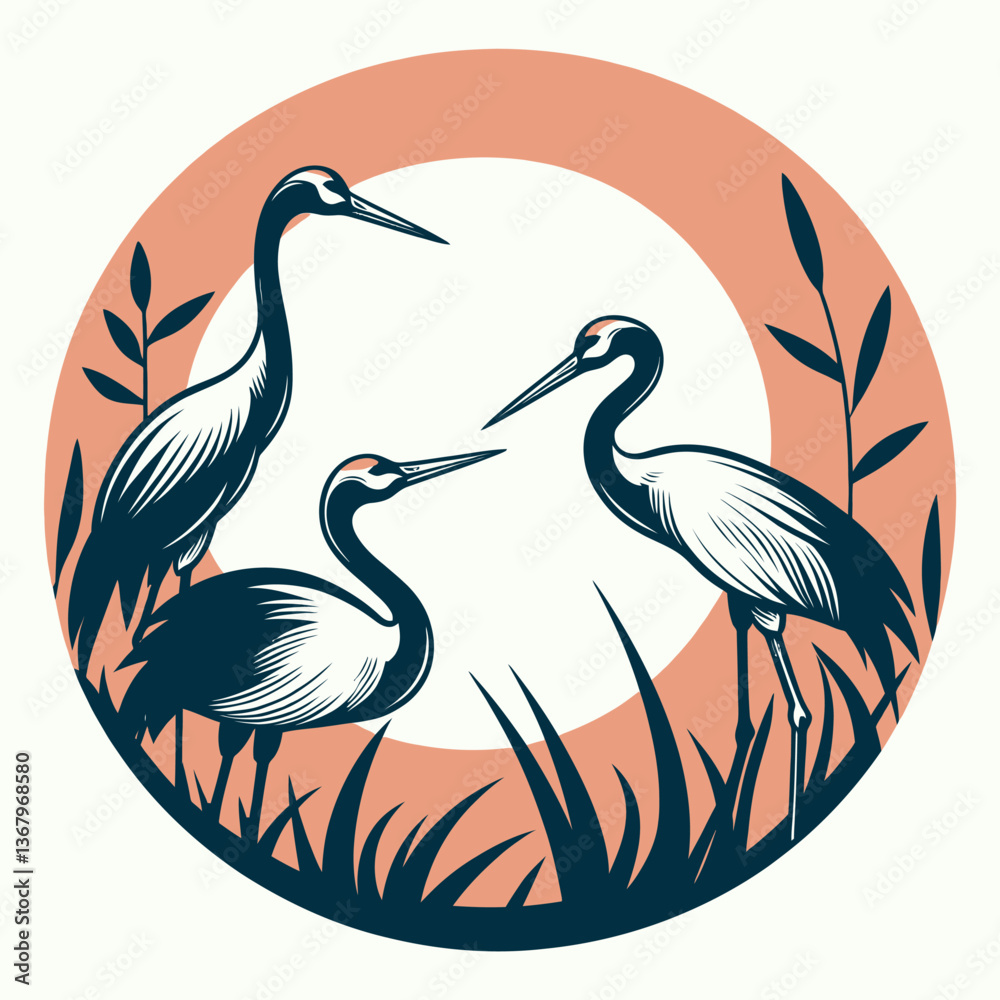 Fototapeta premium Crane Trio Graphic with Sunset. Stylized Vector illustration of cranes in a natural setting, perfect for logos, emblems, or nature-themed designs.