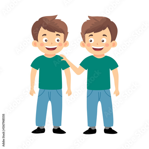 Two cheerful positive boys - twins. Doubles, twin children - their similarity and difference in characters, the influence of lifestyle on character, friendship, mutual help, find a double