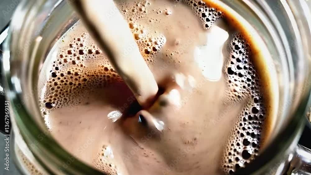 A thick chocolate protein shake is being poured into a glass jar, surrounded by bananas, oats, protein powder, and a dumbbell, creating a perfect post-workout nutrition scene.