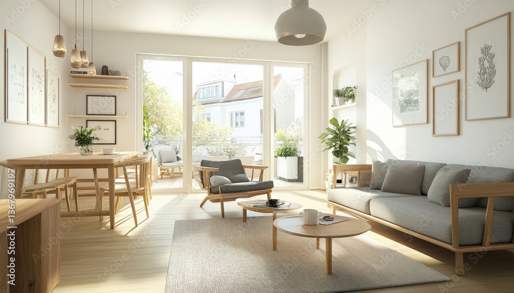 Fototapeta premium Modern Light Filled Apartment Living Room Design Featuring Wooden Furniture and a Comfortable Sofa