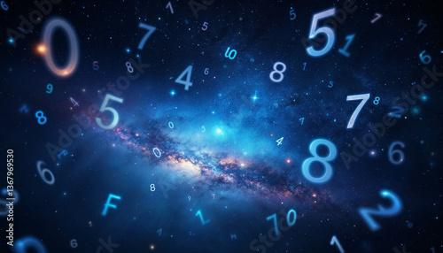 Numbers and letters floating on a galaxy background
