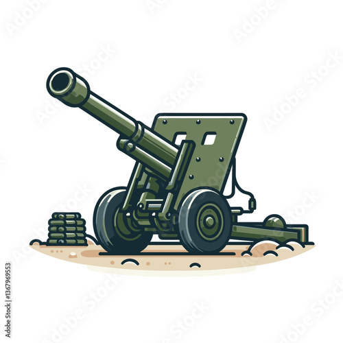 Military field artillery cannon on sandy ground. Ideal for historical battle reenactments, military equipment catalogues, and defense technology illustrations.
