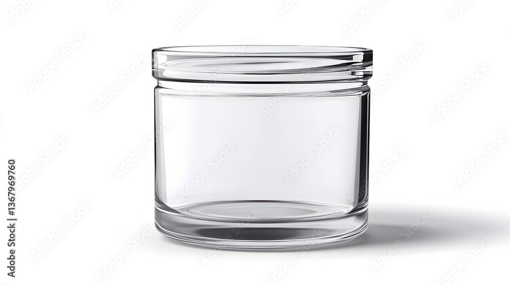 Realistic Clear Glass Container on White Background with Subtle Shadow and Ample Copy Space for Creative and Professional Designs and Marketing Needs Realistic Clear Glass Container on White Background with Subtle Shadow and Ample Copy Space for Creative and Professional Designs and Marketing Needs