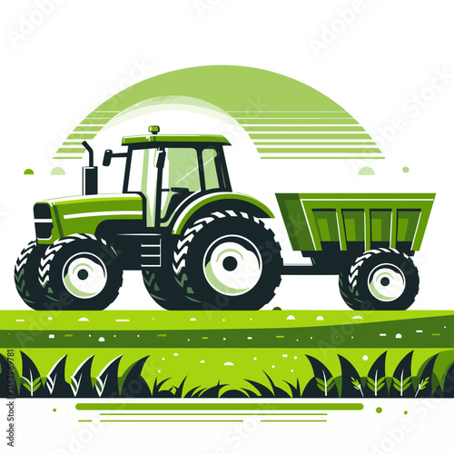 Green tractor pulling trailer on countryside landscape. Perfect for agricultural machinery catalogs, farming operations content, and rural industry illustrations.