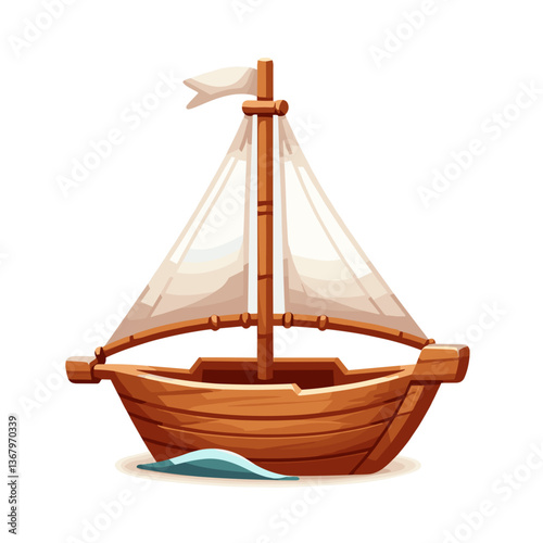 Vector illustration of wooden sailing boat with beige sail and mast. Perfect for maritime adventure themes, navigation history education and travel agency branding.