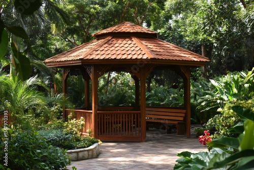 Wooden gazebo standing in a peaceful tropical garden