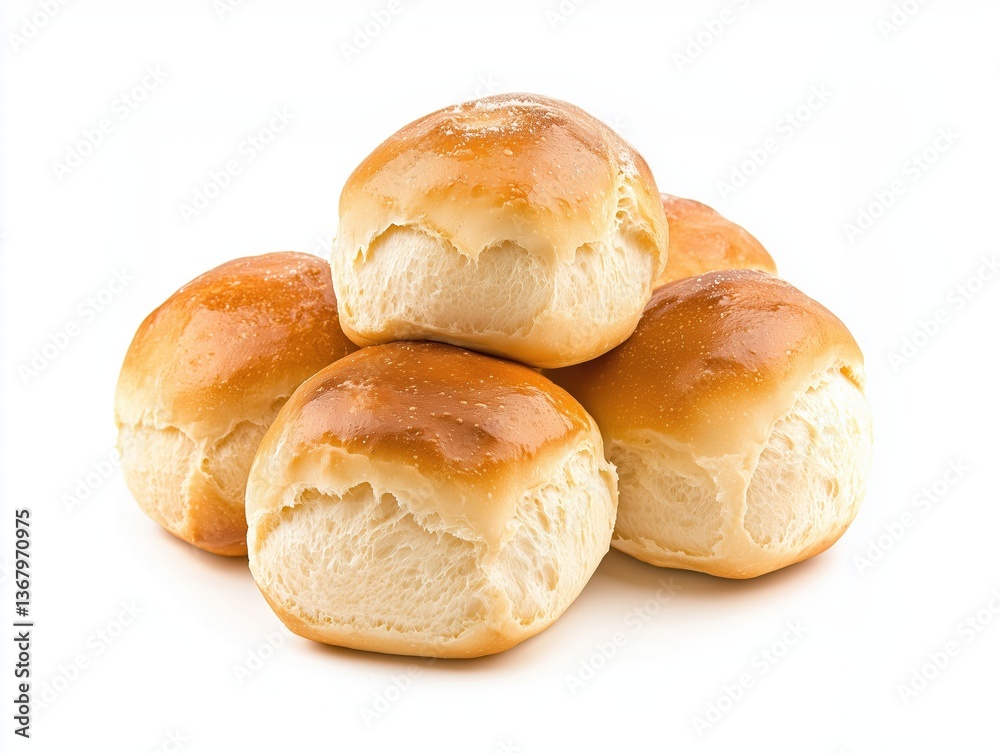 Pile of soft golden brown bread rolls isolated on white background, close-up of fresh baked dinner buns Pile of soft golden brown bread rolls isolated on white background, close-up of fresh baked dinner buns