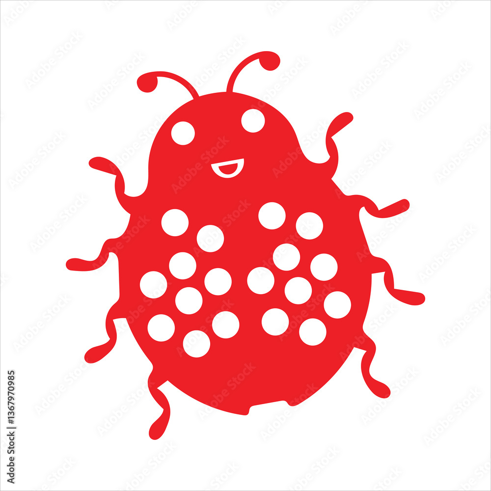 Cute cartoon ladybug sitting on a red strawberry with green leaves on a white background Cute cartoon ladybug sitting on a red strawberry with green leaves on a white background