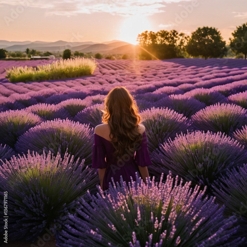 Woman in a purple dress stands in a vast lavender field during sunset, embracing nature and tranquility. Her long hair cascades down her back as she enjoys the serene moment.