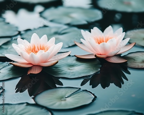 Two beautiful pink and orange water lilies floating peacefully on water