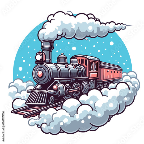 Vector illustration of vintage steam locomotive with clouds in circular frame. Perfect for railway history content, nostalgic transportation themes, and train tourism materials.