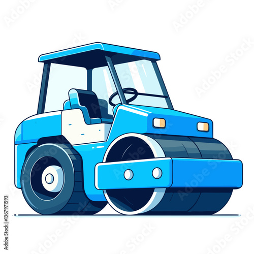 Vector illustration of blue road roller construction vehicle. Perfect for infrastructure development content, road construction projects, and heavy machinery guides.