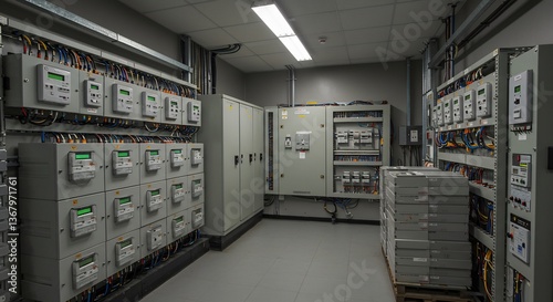 精密機器並ぶ管理室、冷たい蛍光灯の光、整然と配置