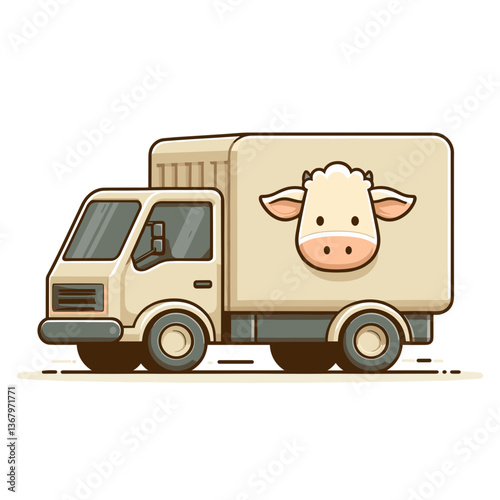 Cute cartoon delivery truck with cow face transporting dairy products. Perfect for food logistics content, dairy industry materials, and farm product distribution resources.