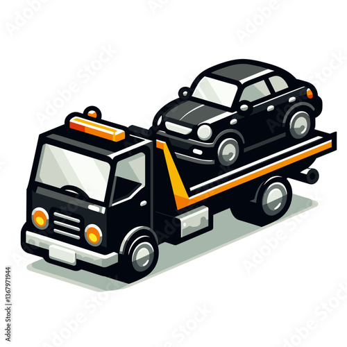 Vector illustration of tow truck carrying black car. Ideal for roadside assistance services and vehicle recovery companies.
