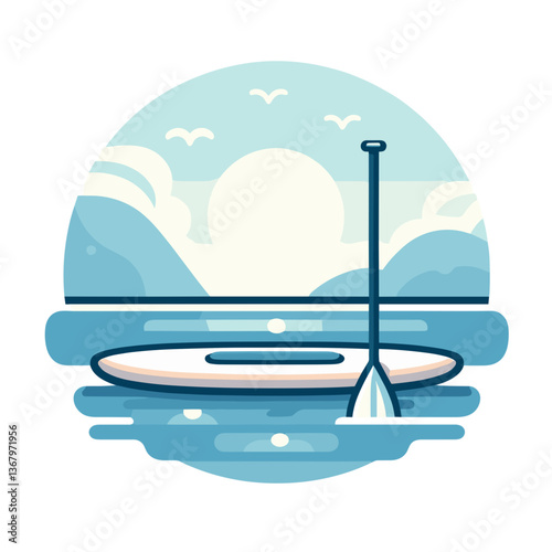 Vector illustration of paddle board on calm lake in circular frame. Ideal for water sports activities and summer vacation advertising.
