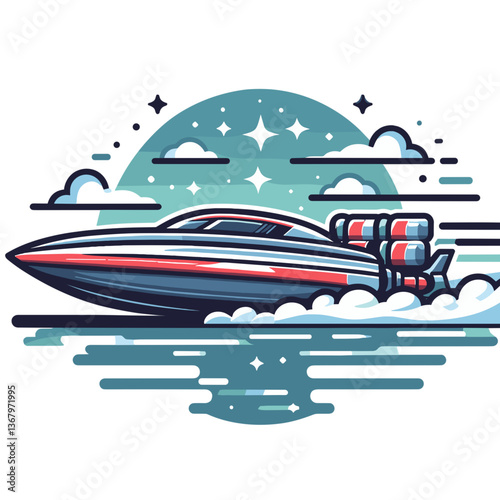 Vector illustration of speedboat on water in circular blue frame. Perfect for luxury marine tours and water sports rentals.